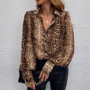 Snakeskin Print Cuffed Long Sleeve Sheer Top Blouse Button Down Shirt